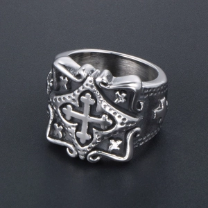 Vintage stainless steel cross ring for men with Gothic embossed details in silver tone