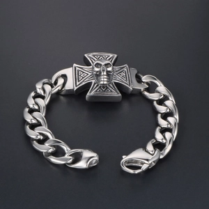 Men's punk style stainless steel curb chain bracelet with skull and iron cross charm