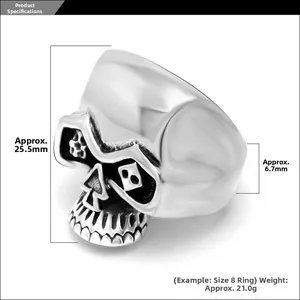 Mesures détaillées de la bague crâne avec hauteur de 25,5mm et poids de 21,0g en argent