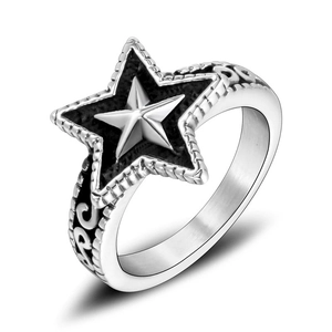 Retro stainless steel star ring with vintage texture and punk style scroll engraving