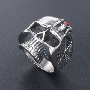 Retro skull ring in silver titanium steel with red gemstone and spider web detail