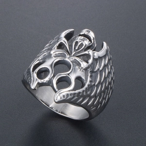 Retro gothic titanium steel ring featuring angel wings and crown detail for men