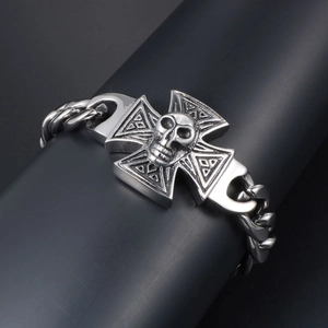 Punk style stainless steel skull bracelet with iron cross and thick Cuban link chain