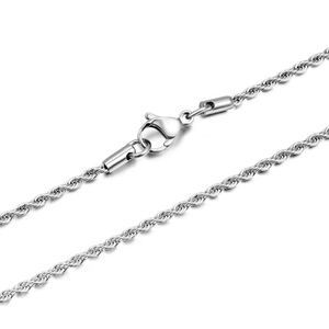 Polished titanium steel rope chain necklace with a secure lobster clasp on white background