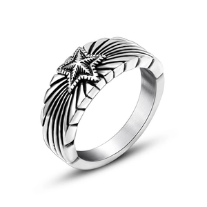Bague étoile pentagramme vintage en acier titane avec texture rayon de soleil pour hommes et femmes