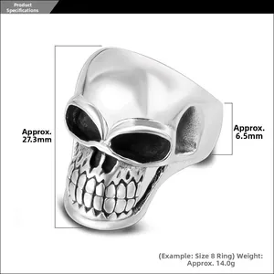 Detailed punk skull ring measurements showing 27.3mm height and 6.5mm band width