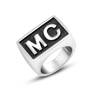 Vintage Stainless Steel MC Letter Signet Ring For Men Women Punk Biker Style Black Matte Rectangular Wide Band Polished Finger Ring