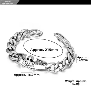 Spécifications de taille du bracelet gourmette punk tête de mort et ailes en argent