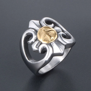 Punk style eagle signet ring with gold eagle emblem and vintage steel engraving