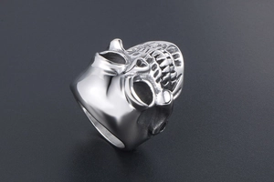 Gros plan détaillé d'une bague tête de mort en acier inoxydable au style punk rock