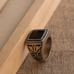 Men's vintage stainless steel signet ring with black square stone and carved patterns
