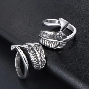 Vintage titanium steel feather arrow open rings with oxidized silver texture for men and women