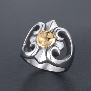 Retro punk titanium steel ring with silver hollow pattern and golden cross logo emblem