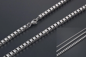 Detail of silver box chain necklace with a lobster clasp and multi-size comparison