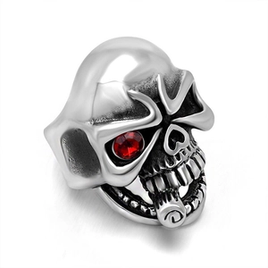 Punk Gothic Skull Ring For Men Titanium Steel Smoking Skull With Cigar Red Rhinestone Eye Retro Biker Jewelry Band Ring
