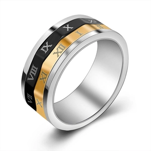Bague Rétro Unisexe en Acier Inoxydable Titane Tricolore Avec Chiffres Romains Finition Polie Bijoux de Doigt Cadeau