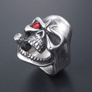 Punk style stainless steel skull ring with red rhinestone eye and cigar detail