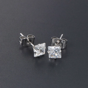 Princess cut cubic zirconia stud earrings in titanium steel with four-claw setting