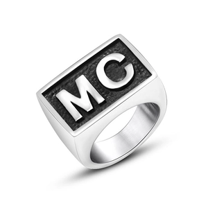 Men's wide stainless steel signet ring with MC letters in punk industrial style