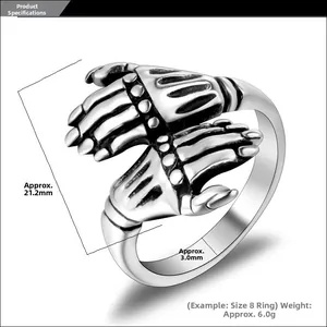 Detail view of retro punk skeleton hand ring with 21.2mm height and oxidation finish