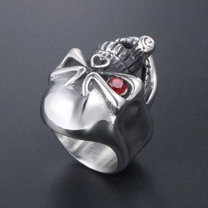 Gothic punk silver skull ring for men with red gemstone eyes and intricate carvings