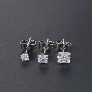 Three pairs of square cut zircon stud earrings in titanium steel with butterfly backs