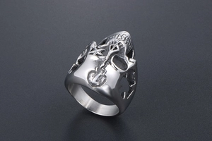 Detailed view of skull ring featuring vintage hollow-out punk designs and metal textures