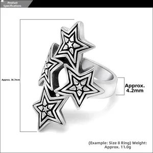 Detailed specs showing dimensions and 11g weight of the punk multi-star titanium ring
