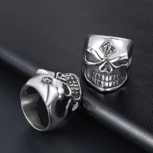 Retro stainless steel skull ring with 1% engraving and black textured background