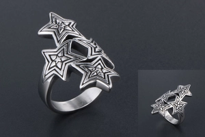 Detailed close-up of stacked star patterns on a punk style silver titanium steel ring