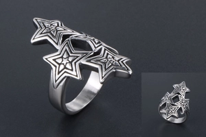 Close-up of titanium steel ring with overlapping 3D star designs and punk rock details