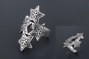 Macro view of multi-star ring with vintage blackened texture on silver stainless steel