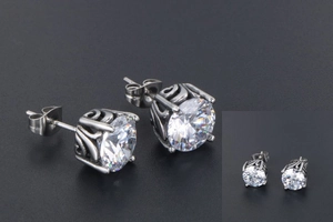 Detailed macro view of vintage titanium steel stud earrings with large round cubic zirconia