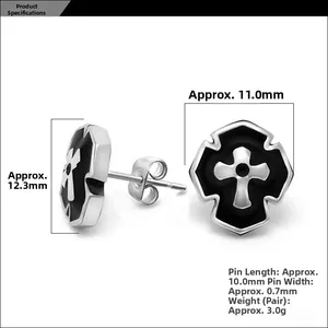 Detailed size chart showing 12.3mm x 11.0mm silver cross stud earrings for men