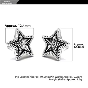 Detailed size measurement view of vintage star stud earrings in oxidized steel finish