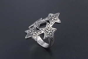 Detailed macro view of punk star ring with intricate radial engravings and silver steel finish