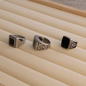 Vintage stainless steel signet rings for men with black resin inlay and patterns