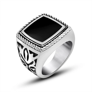 Retro stainless steel men's signet ring with square black stone and carved side details