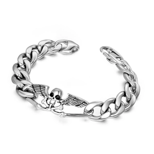 Bracelet Homme Vintage en Acier au Titane Avec Crâne et Ailes Punk Rock Motard Chaîne Cubaine Bijoux de Mode