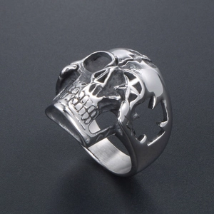 Gothic skull ring for men in matte stainless steel with star cutout and hollow design
