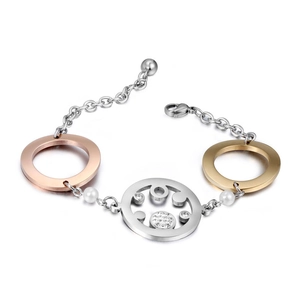 Elegantes Dreifarbiges Edelstahl Armband Für Damen Ineinandergreifende Kreise Mit Strass Und Künstlichen Perlen Handschmuck