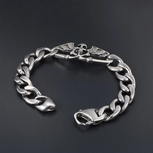 Bracelet tête de mort avec ailes pour homme en acier inoxydable style punk gothique