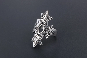 Macro view of layered star shapes on a silver titanium steel ring with matte texture
