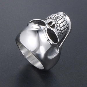 Gothic punk skull ring in polished silver stainless steel with geometric patterns