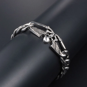 Bracelet vintage en acier inoxydable avec tête de mort et ailes de mort pour hommes