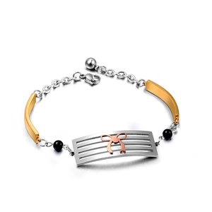 Tricolor Stainless Steel Bowknot Bracelet For Women Mixed Metal Hollow Plate Black Beads Minimalist Fashion Jewelry Gift
