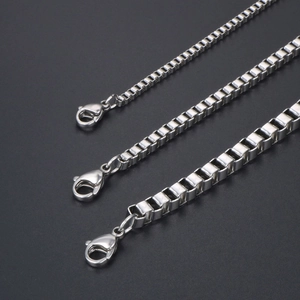 Three widths of silver stainless steel box chains with lobster clasps for pendants