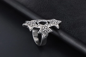 Macro shot of silver titanium steel ring with three overlapping stars and black outlines