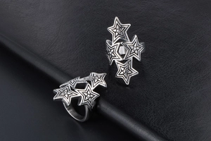 Macro detail of punk rock star ring featuring overlapping pentagrams and metallic texture