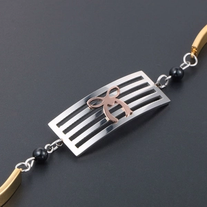 Elegant gold-plated titanium bracelet with silver rectangular plate and rose gold bow detail